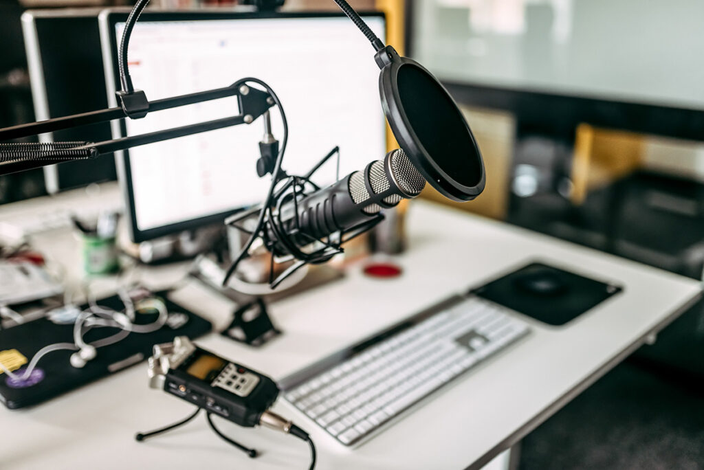 Media setup with podcast recording equipment